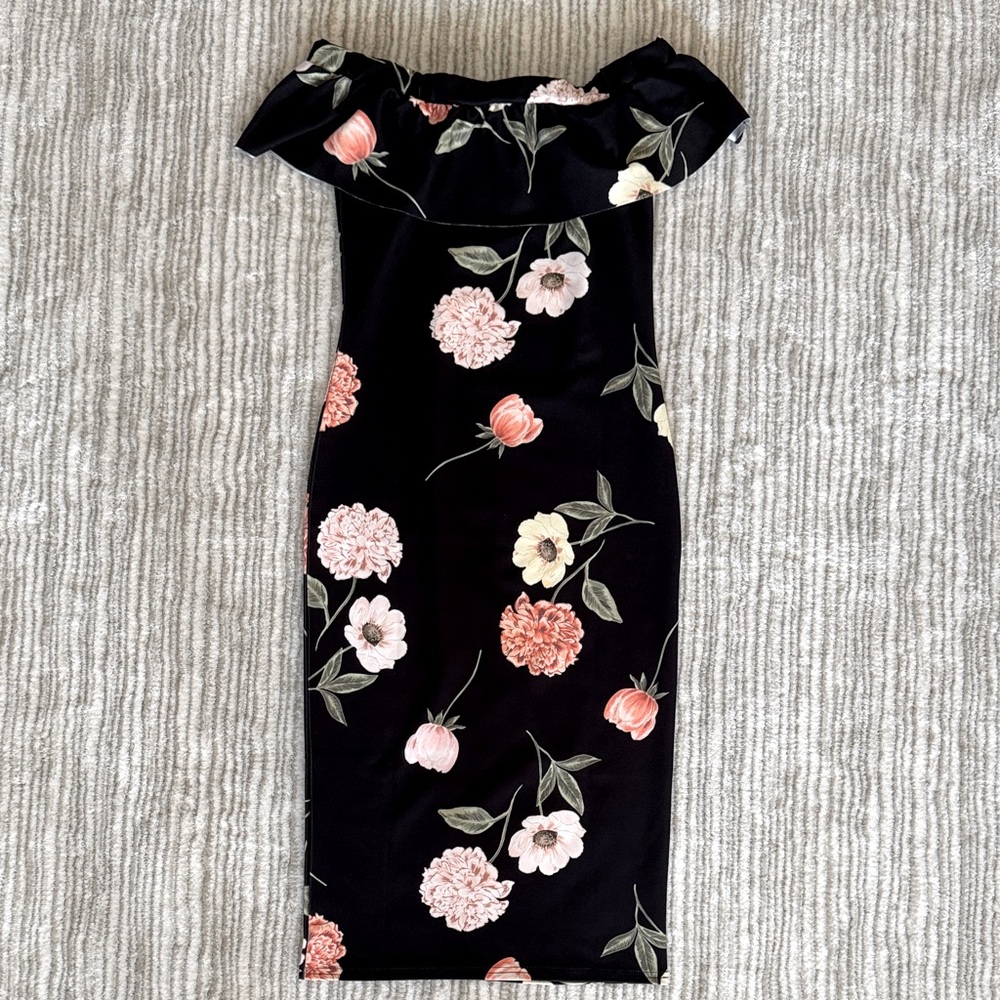 Floral Off-the-Shoulder Black Dress - NWOT